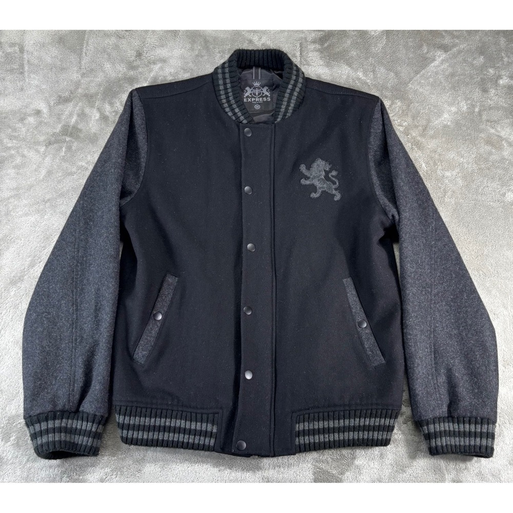 Express Varsity Bomber Jacket Mens Medium Black Gray Excellent Lion Crest Wool